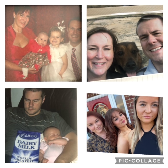 A collage of Sarah's husband Kris with Sarah, their daughters and family dog