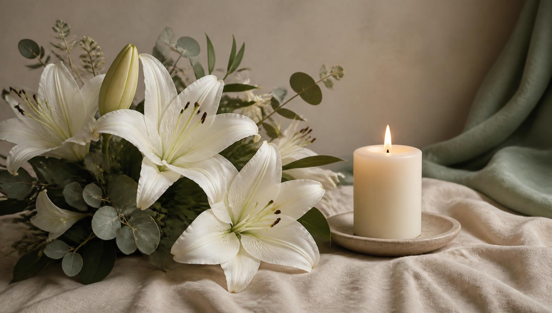 White lilies and a lit candle resting on soft cream linen
