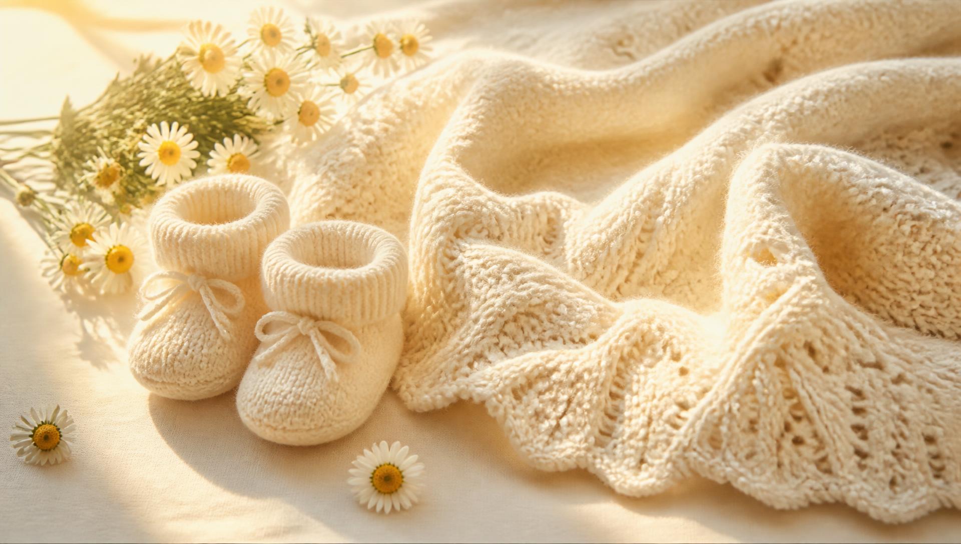 Cream knitted baby blanket, tiny booties and daisies in warm sunlight