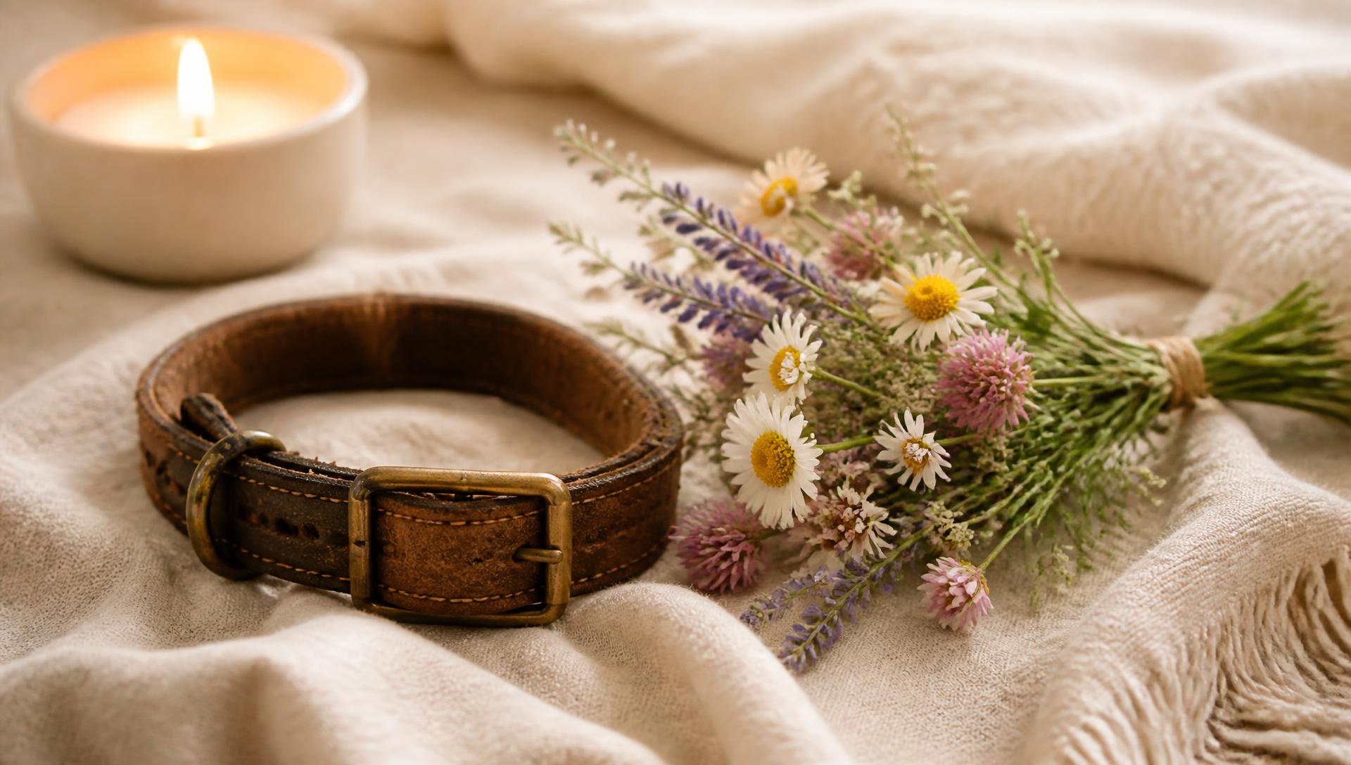 A worn leather pet collar beside wildflowers and a lit candle on cream fabric