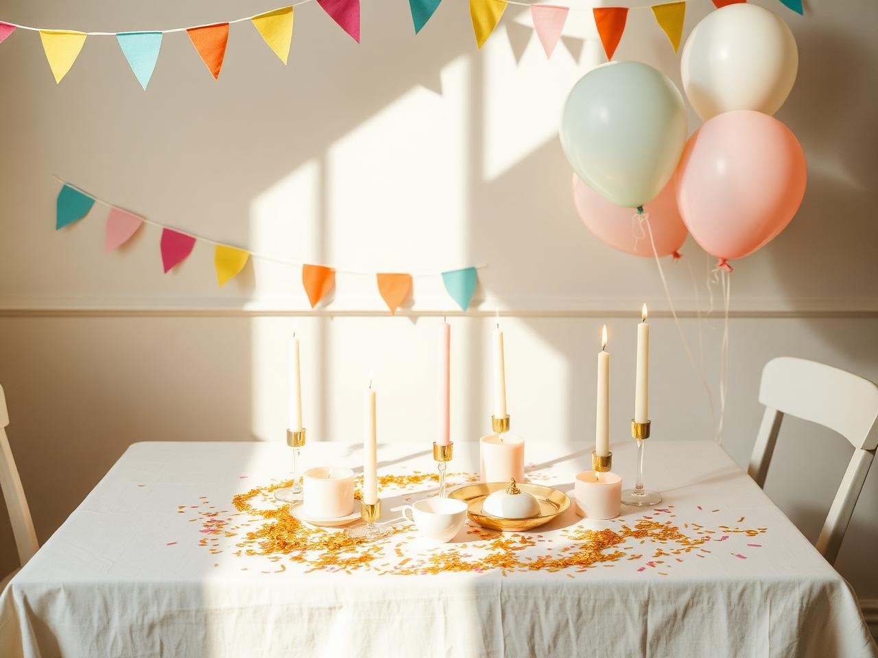 Golden bunting, paper garlands and confetti in warm sunlight