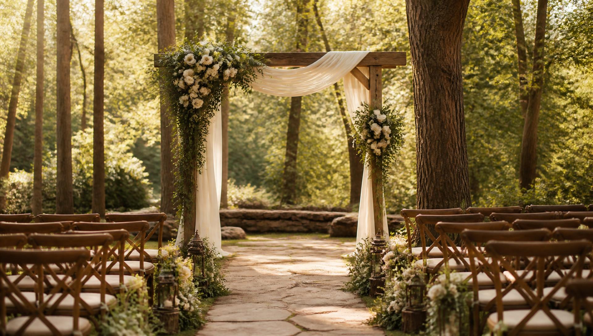 Woodland wedding ceremony arch draped with ivory fabric and cream flowers